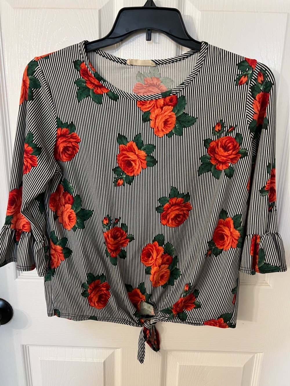 Striped Black & White Blouse with Red Floral Print and Tie Front